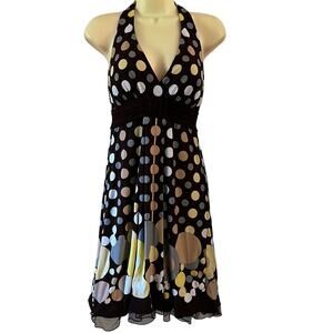 Miss Bisou Brown Dot Print Knit Halter Dress Woman Small Tulle Ruffle Y2K Retro